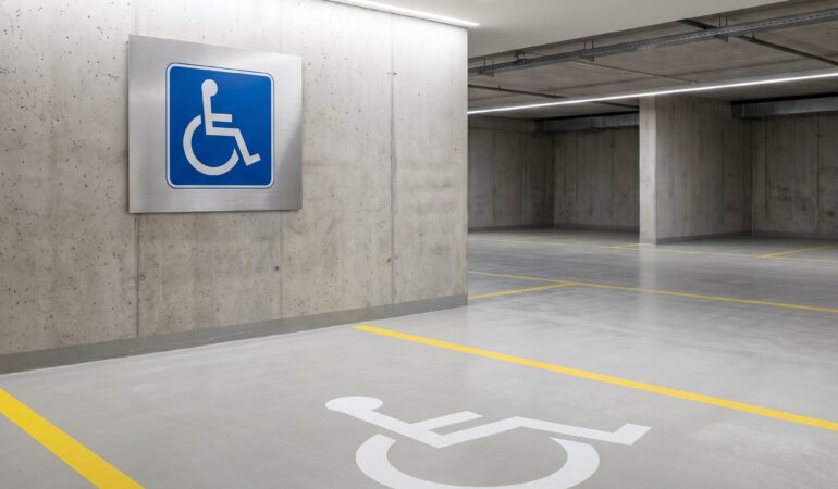Signalétique PMR dans un parking souterrain — panneau fauteuil roulant bleu ISO 7001