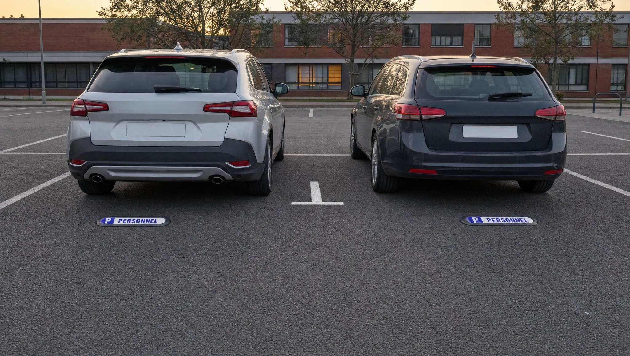 Deux voitures garées devant deux plaques Com’Park PERSONNEL sur le parking d’un collège à Lyon