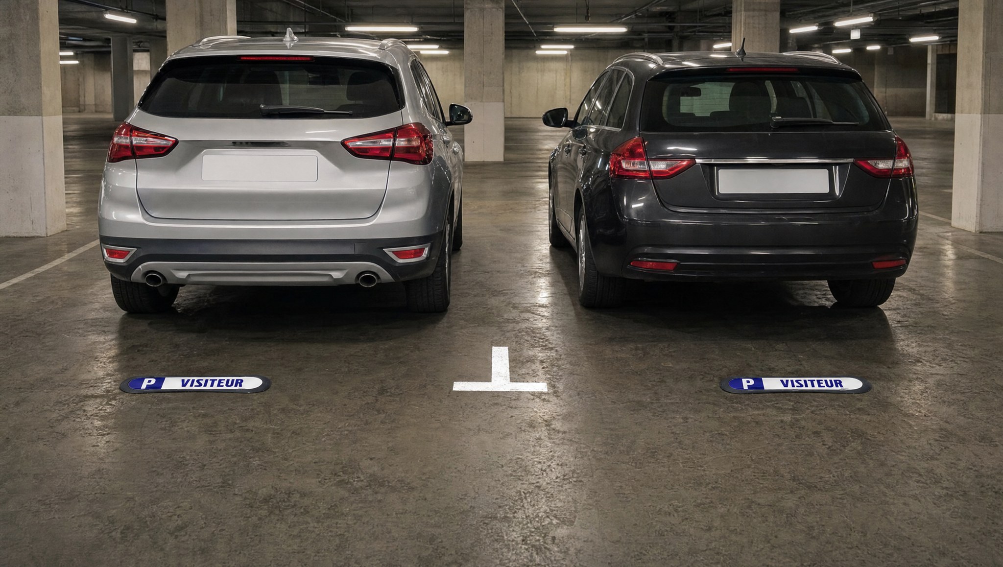 Deux voitures garées devant deux plaques Com’Park VISITEUR dans un parking souterrain de copropriété à Massy