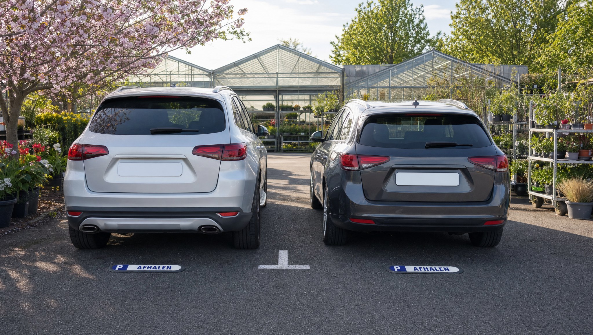 Deux voitures garées devant deux plaques Com’Park AFHALEN sur le parking d’une jardinerie près de Rotterdam