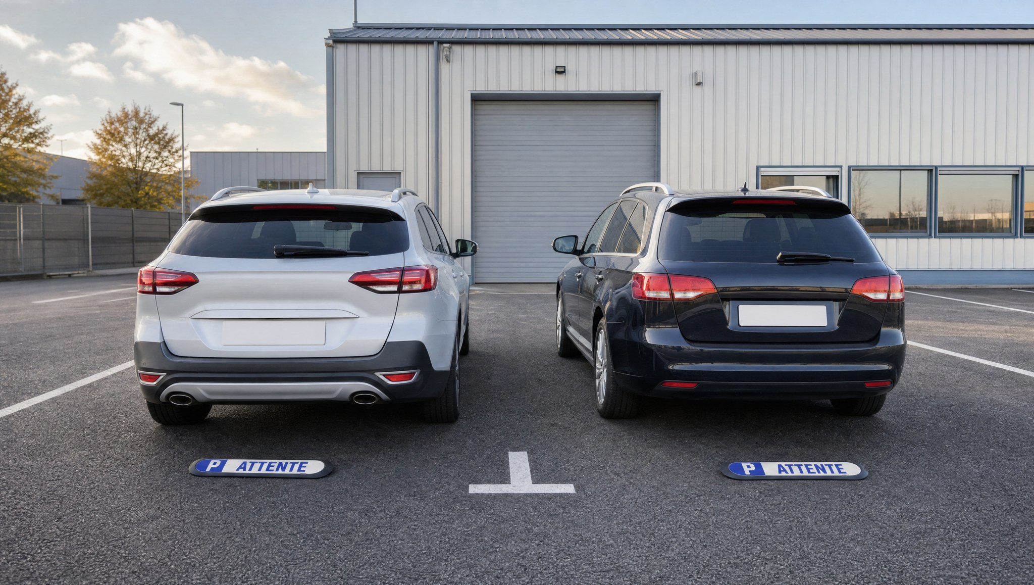 Deux voitures garées devant deux plaques Com’Park ATTENTE devant un centre de contrôle technique à Valence